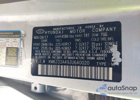 2018 Hyundai Tucson Sel z USA, uszkodzony, nr VIN KM8J33A49JU640020